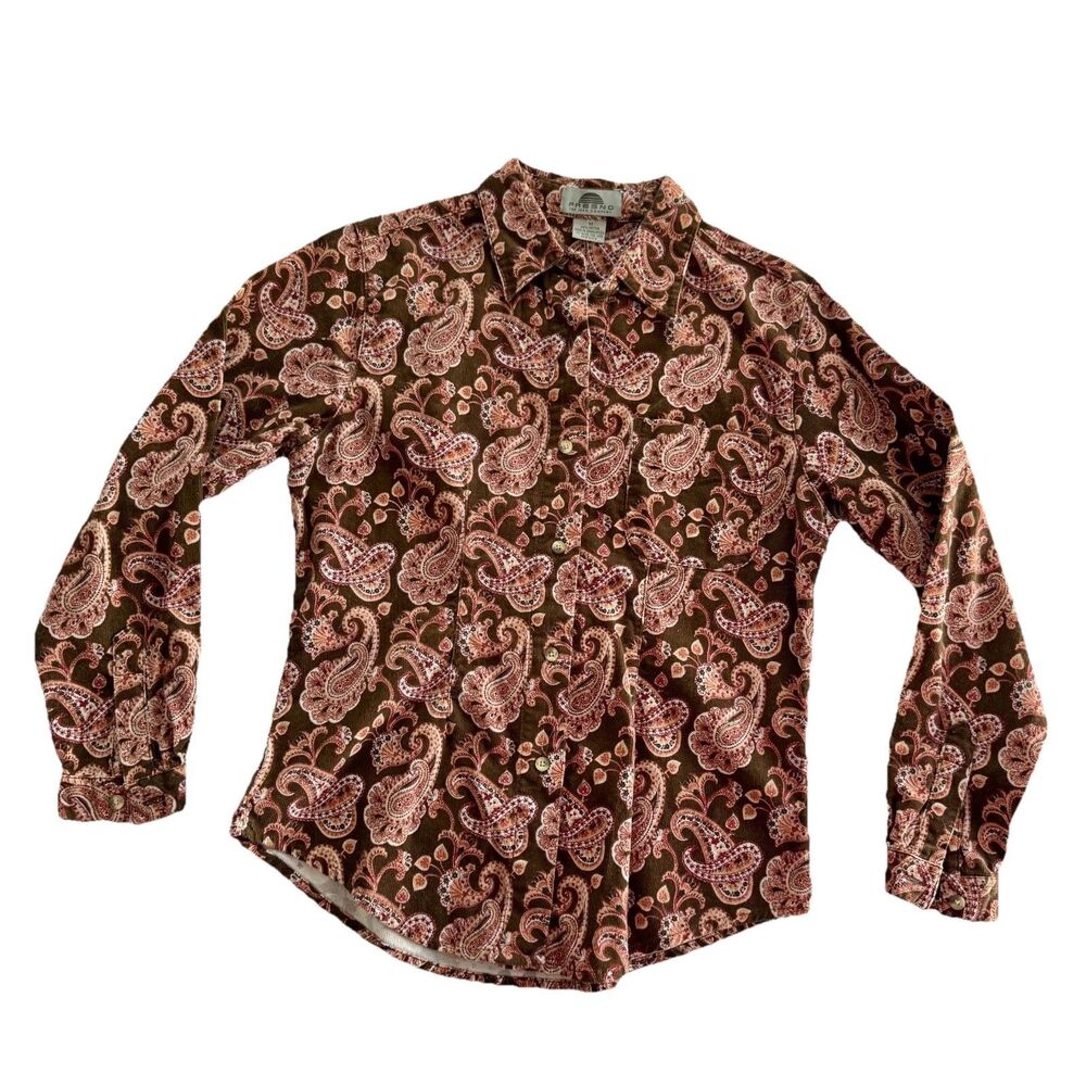 VTG 1990s Y2K Fresno The Jeans Co M Brown Red Paisley Corduroy Button Up Shirt